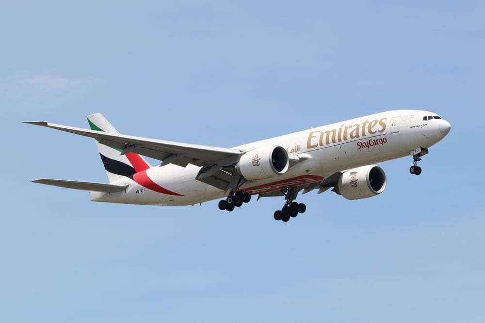 Bangkok - Thailand / 2020-SEP-12 / Emirates Sky Cargo Boeing 777-200F landing at Bangkok Suvarnabhumi Airport. VTBS.