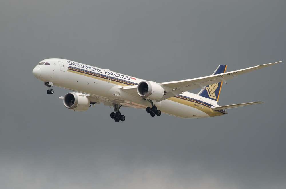 Bangkok, Thailand - February 29 2024 : Singapore Airlines 9V-SCV , Boeing 787-10 Dreamliner ,Landing at Suvarnabhumi Airport