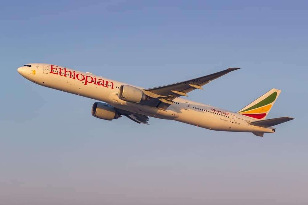Dubai, United Arab Emirates - February 16, 2024: Ethiopian Airlines Boeing 777-300ER airplane at Dubai Airport (DXB) in the United Arab Emirates.
