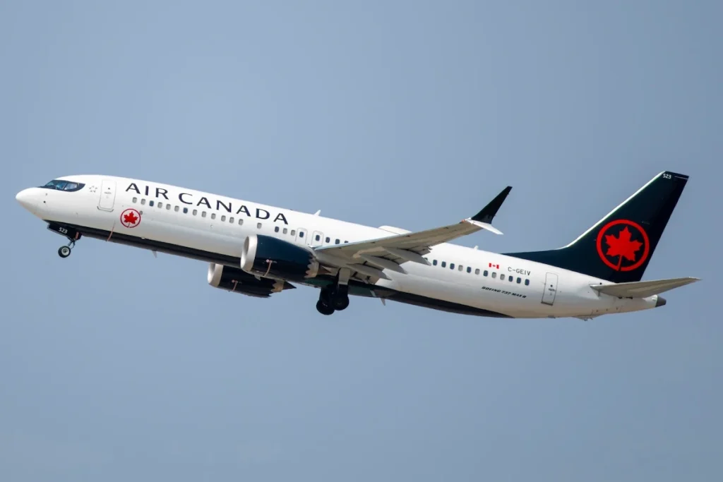Los Angeles, CA: August 19, 2021: An Air Canada Boeing 737 Max passenger jet taking off at Los Angeles International Airport (LAX).