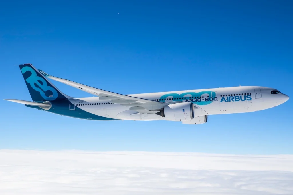 An Airbus A330-800 during its first flight