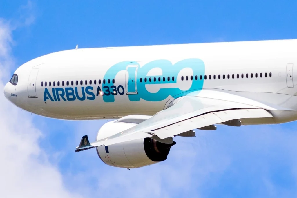 New Airbus A330neo passenger plane in flight at the Paris Air Show. France - June 21, 2019