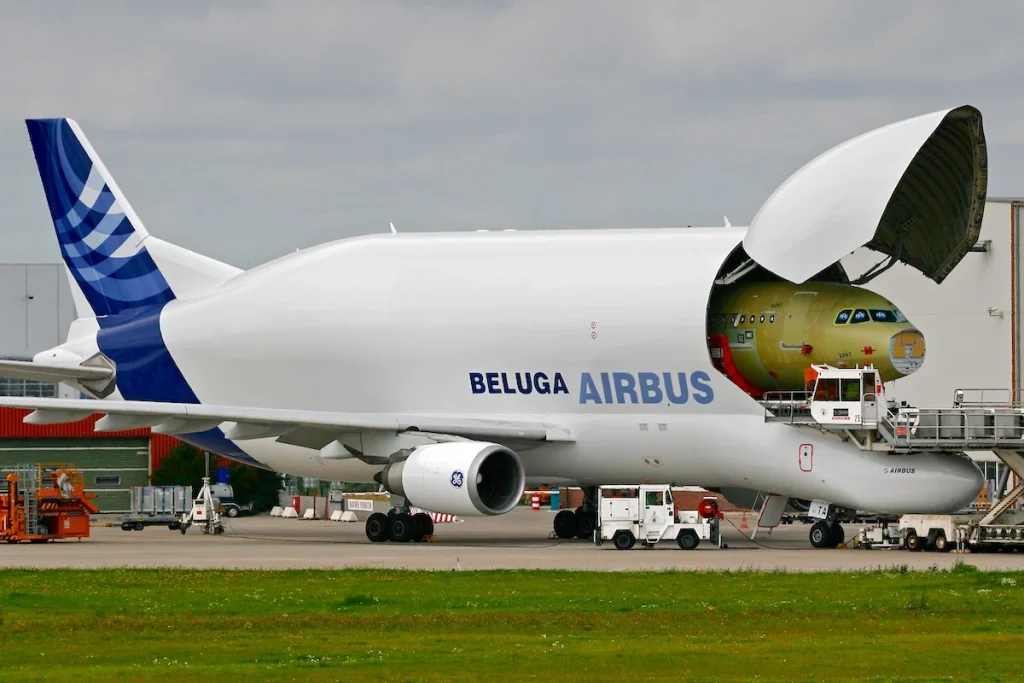 HAMBURG, GERMANY - AUGUST 12, 2005: parts of a passenger plane were delivered to Hamburg from Toulouse by cargo aircraft Beluga for further assembly