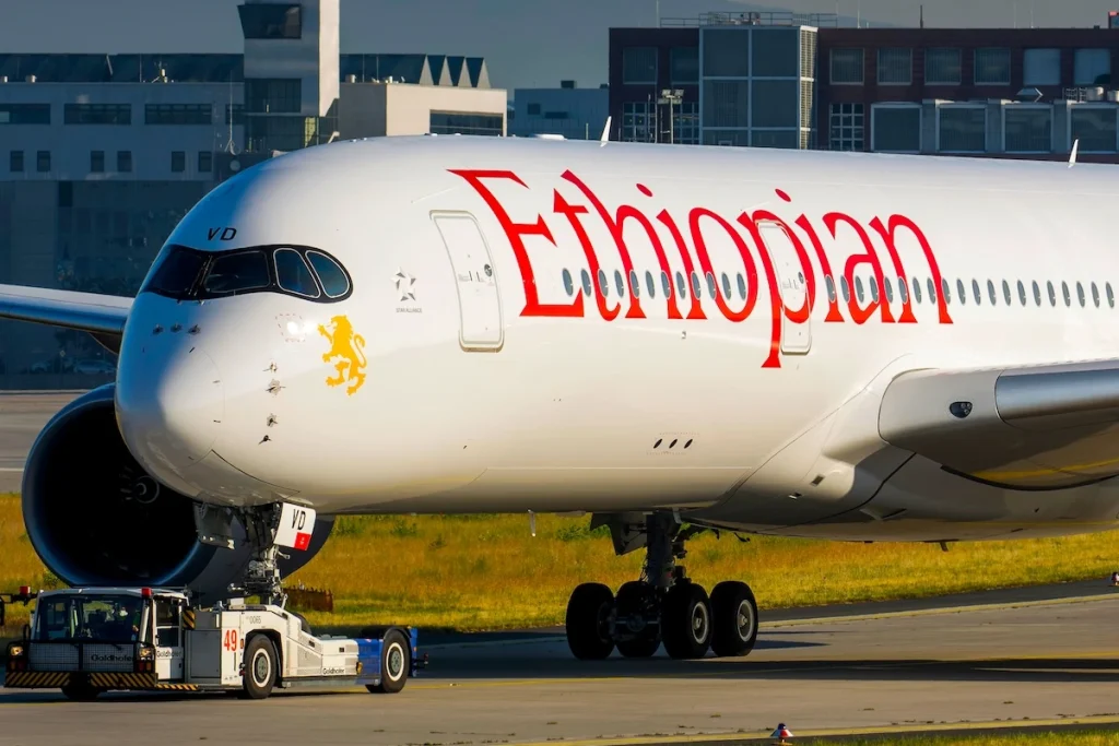 Frankfurt, Germany - 30/05/2018: Ethiopian Airlines Airbus A350 being towed at Frankfurt Airport