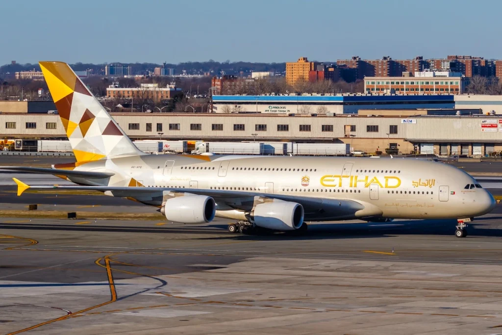 New York City, New York – March 1, 2020: Etihad Airways Airbus A380-800 airplane at New York JFK airport (JFK) in New York. Airbus is a European aircraft manufacturer based in Toulouse, France.