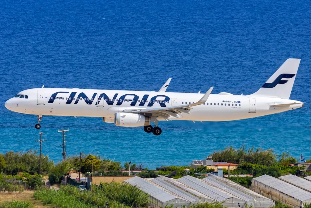 Rhodes, Greece - June 3, 2025: Finnair Airbus A321 airplane at Rhodes airport in Greece.