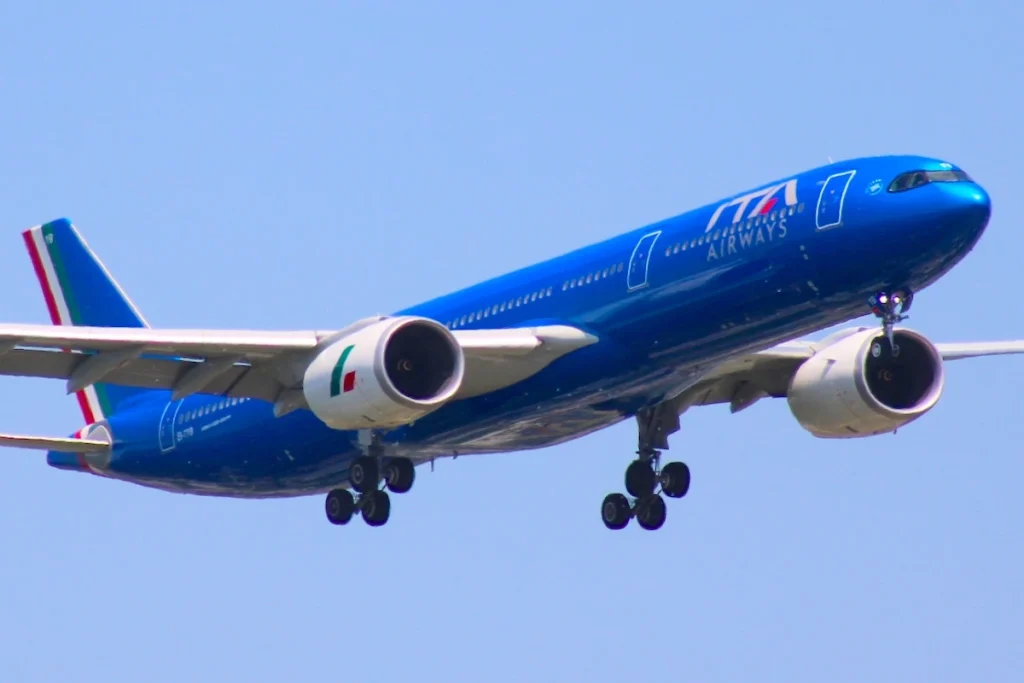 New York, USA - April 20 2024: ITA Airways (Alitalia) Airbus A330-300 and Airbus A330-900neo passenger aircrafts were about to land on New York John F Kennedy International Airport (JFK).