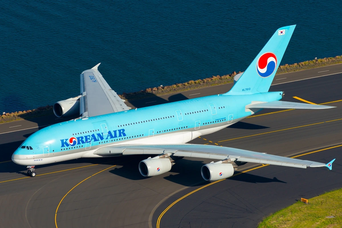 Sydney / Australia - March 25 2018: Aerial view of Korean Air Airbus A380 aircraft taxiing in an international airport. A380-800 airplane registered as HL7613