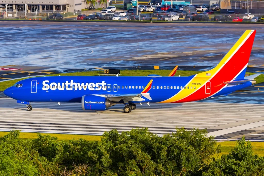San Juan, Puerto Rico - August 3, 2025: Southwest Airlines Boeing 737 MAX 8 airplane at San Juan airport in Puerto Rico.