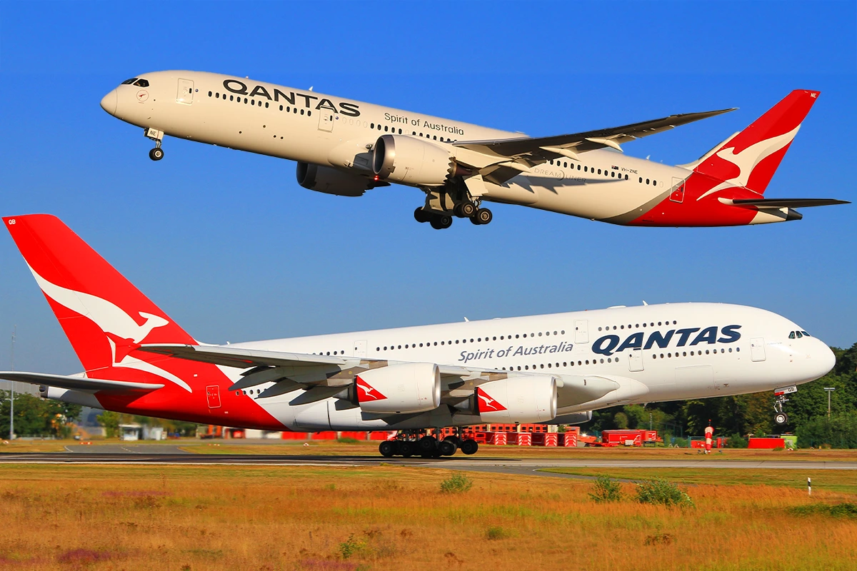Qantas Airbus A380 departs Frankfurt Airport with a Boeing 787