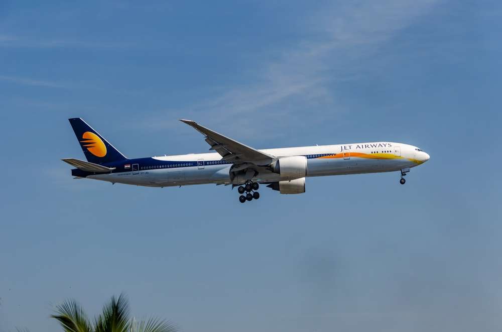 Mumbai, India - June 15 2015: A Jet Airways Boeing 777-300ER landing at Mumbai Airport.