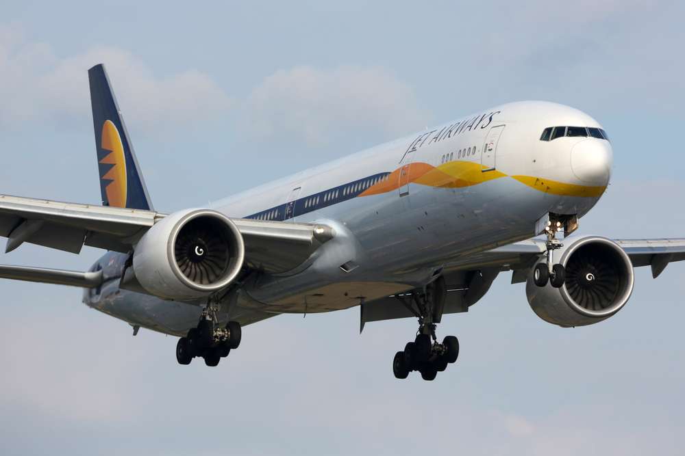 HEATHROW, LONDON, UNITED KINGDOM - JULY 7, 2017: Boeing 777-00ER VT-JEW of Jet Airways landing at Heathrow international airport.