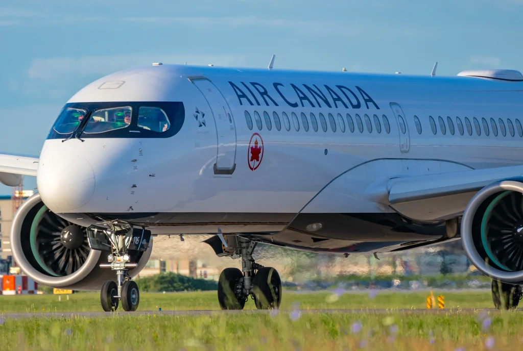 Montreal, Quebec, Canada 07-04-2022: Air Canada Airbus A220 taxiing to takeoff.
