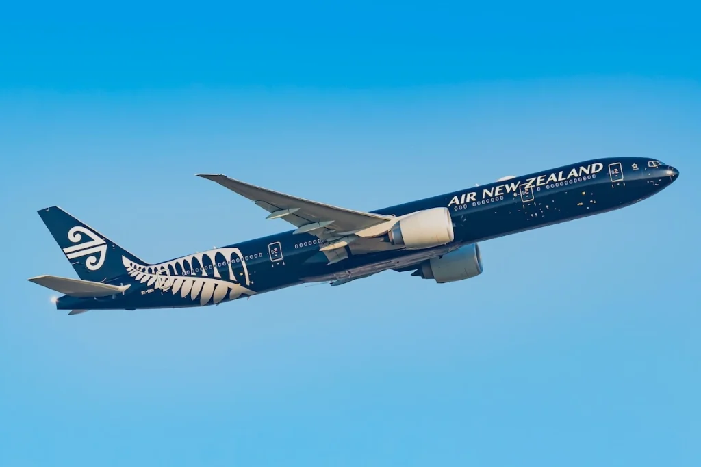 Frankfurt, Germany - April 7, 2020: Air Newzealand Boeing 777 airplane at Frankfurt airport (FRA) in the Germany. Boeing is an aircraft manufacturer based in Seattle, Washington.