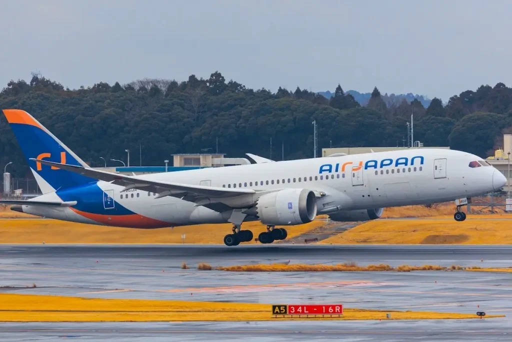 Narita, Chiba Japan - 2025 January 25: An Air Japan Boeing 787-8 Dreamliner aircraft (registration JA803A) climbs against an overcast sky after taking off from Narita International Airport (NRT).