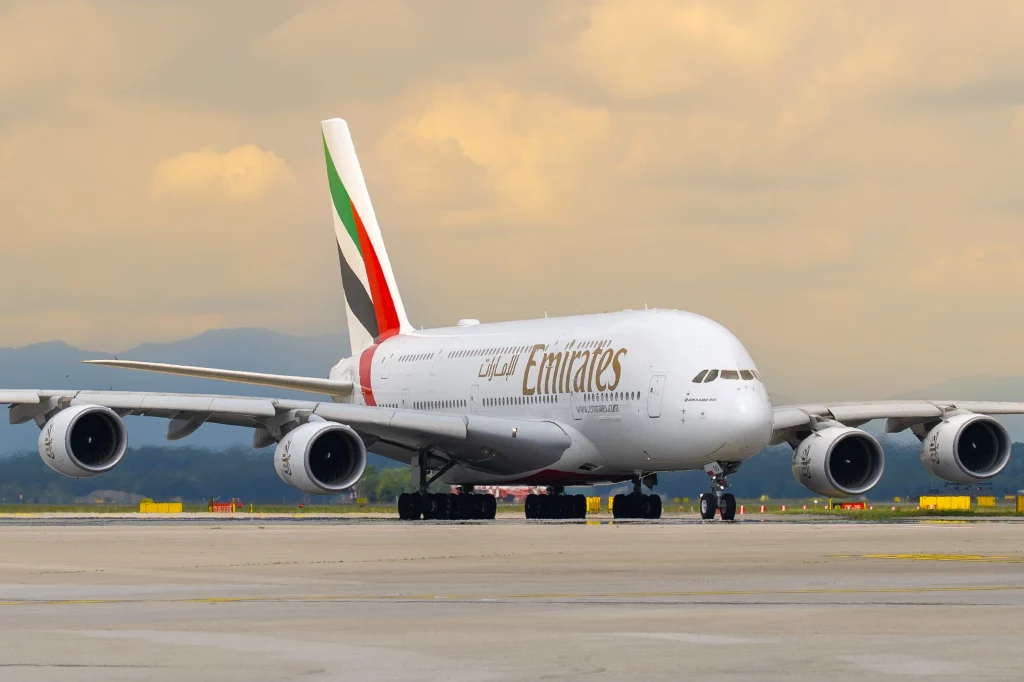 Milano, Italy. November 10, 2025. Emirates Airbus A380 is taxiing at MXP Milano Malpensa international airport