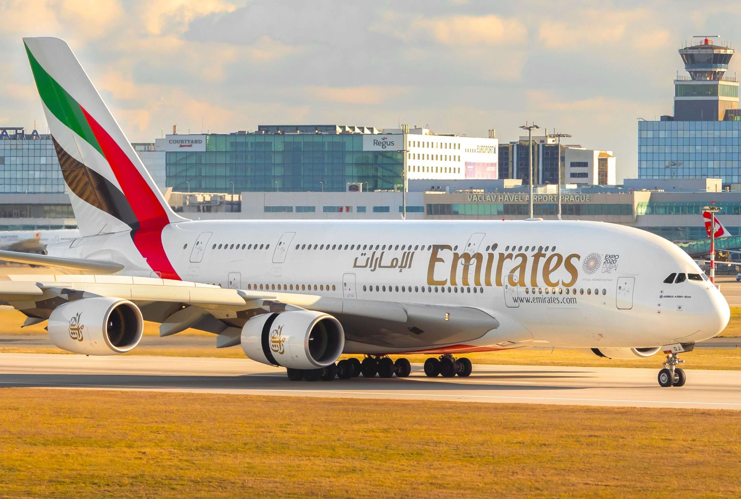 PRAGUE - November 11, 2017: Emirates Airbus A380 at Vaclav Havel airport Prague (PRG). November 11, 2017 in Prague, Czech Republic.The A380 is currently the largest passenger airliner.