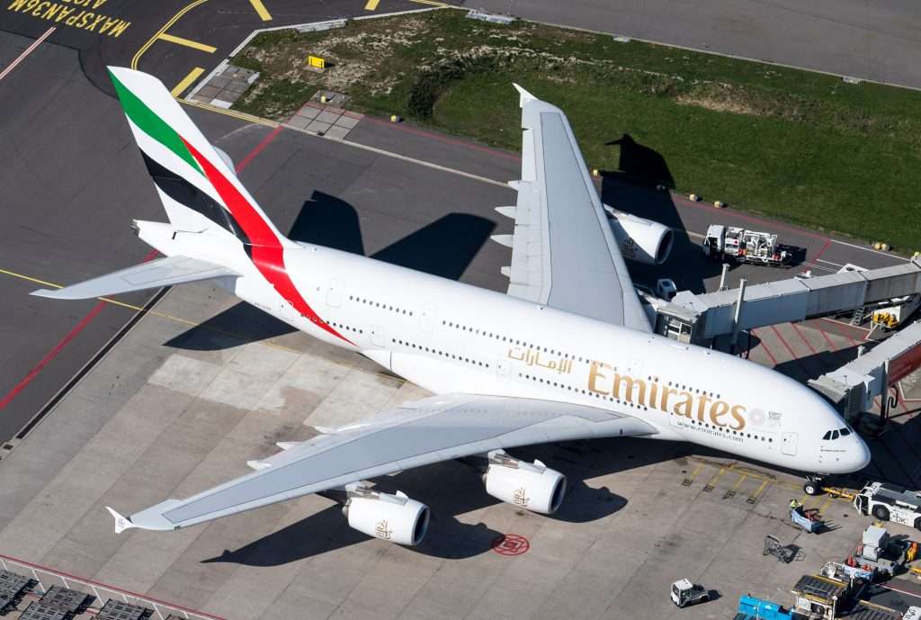 24 March 2019, Amsterdam, Holland. Aerial view at Schiphol International Airport of a Emirates Airbus A380 at the gate. Registration A6-EDR.