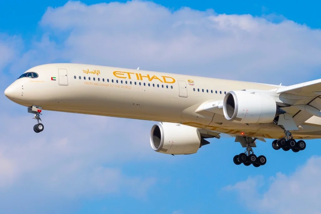 Chicago, USA - September 11, 2022: Etihad Airbus A350 aircraft in the 50th anniversary livery landing at O'Hare International Airport.