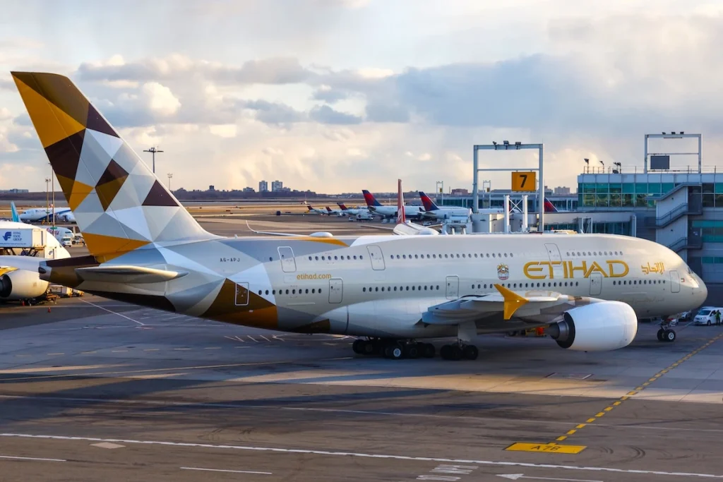 New York City, New York - February 29, 2020: Etihad Airways Airbus A380-800 airplane at New York JFK Airport in the United States. Airbus is a European aircraft manufacturer based in Toulouse, France.