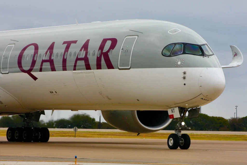 Grapevine, Texas – November 2 2024: An Airbus A350-1000 of Qatar Airways taxiing at Dallas Fort Worth International Airport.