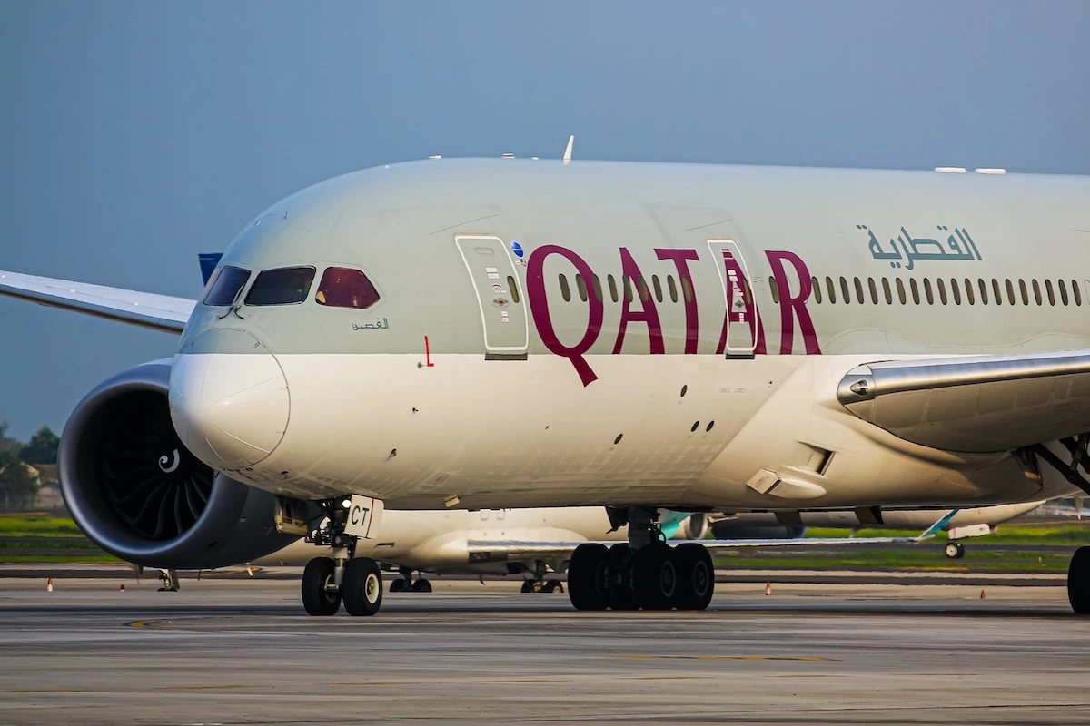Tangerang, Indonesia - February 05 2020: Close up photo of Qatar Airways B787 while taxi in to apron Golf at Soekarno Hatta International Airport