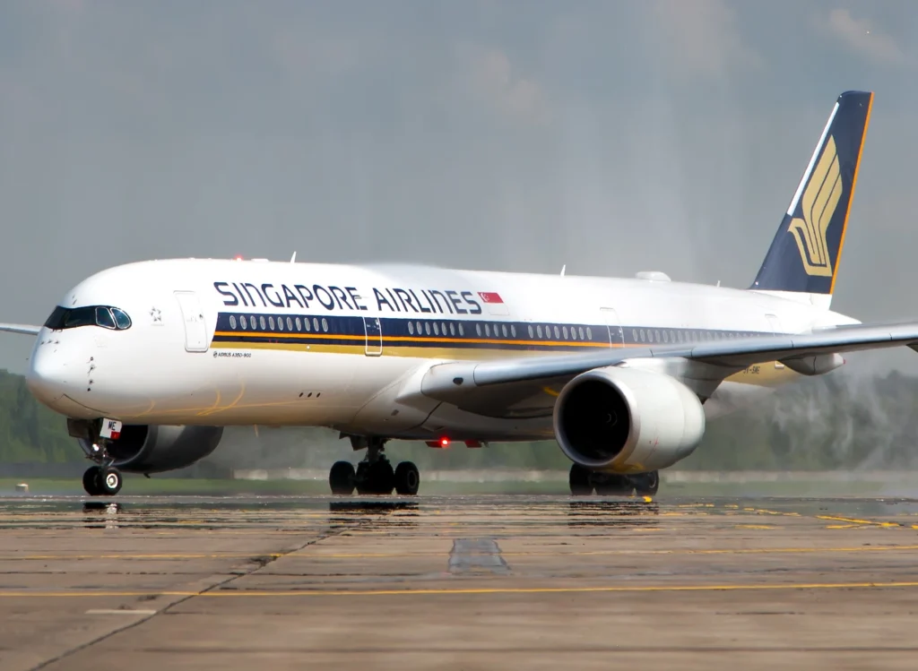 Moscow / Russia - 05.30.2017. Domodedovo International Airport. The water cannon welcomes the Airbus A350 of Singapore Airlines.