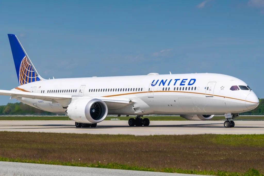 Munich, Germany - May 02. 2019 : United Airlines Boeing 787-9 Dreamliner with the aircraft registration number N24973 is taxiing for take off on the northern runway 26R of Munich Airport MUC EDDM