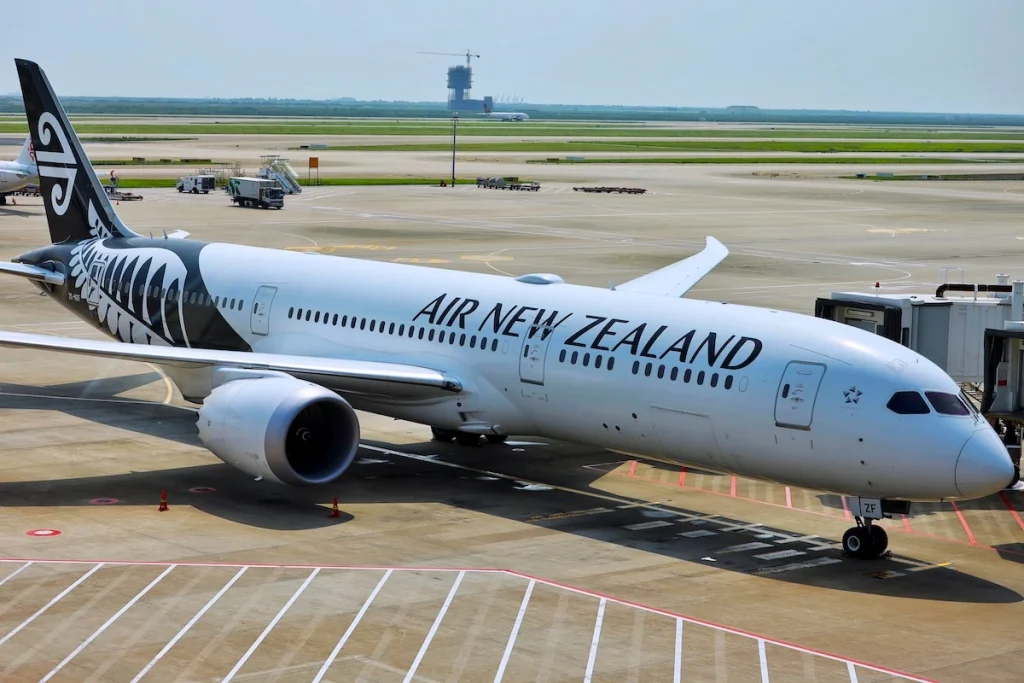 Shanghai, China/August 13, 2019:A airplane of New Zealand airlines staying at Pudong airport.
