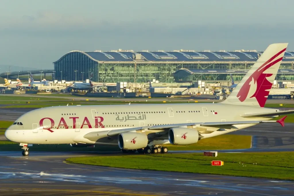 LONDON, UK - CIRCA 2016: Qatar Airways Airbus A380 Taxiing at Heathrow Airport