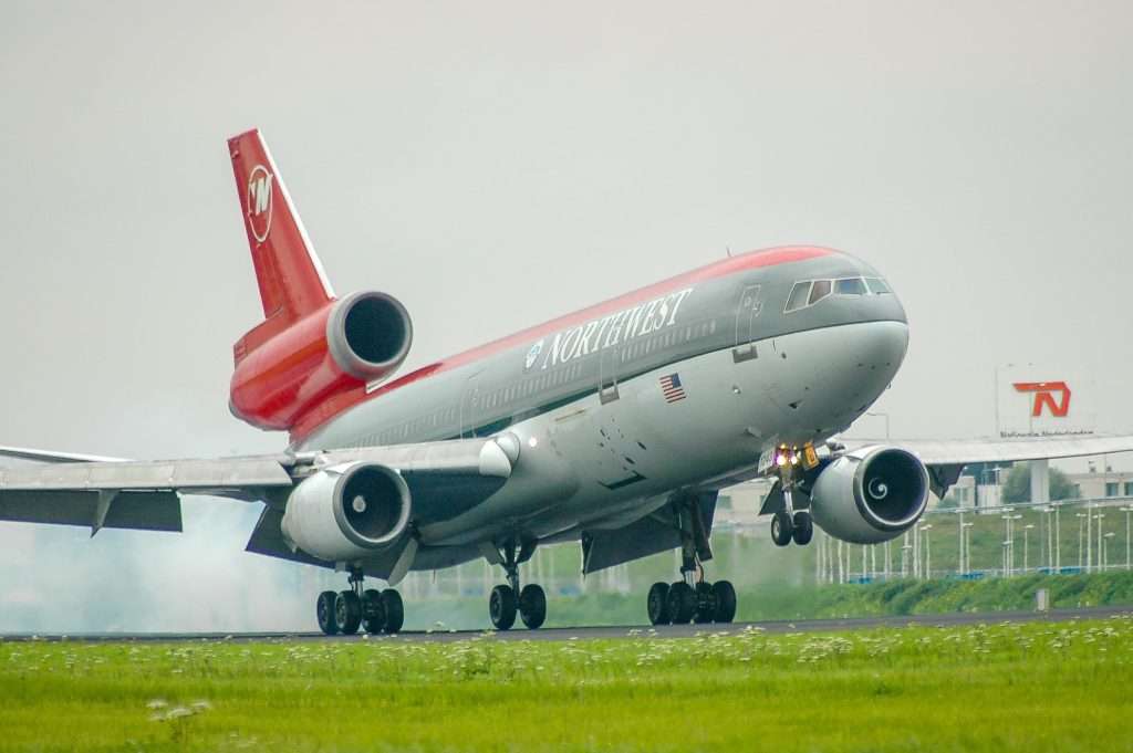 AMSTERDAM, NETHERLANDS - August 21, 2006: NorthWest DC 10-30 landing after a long-haul flight.