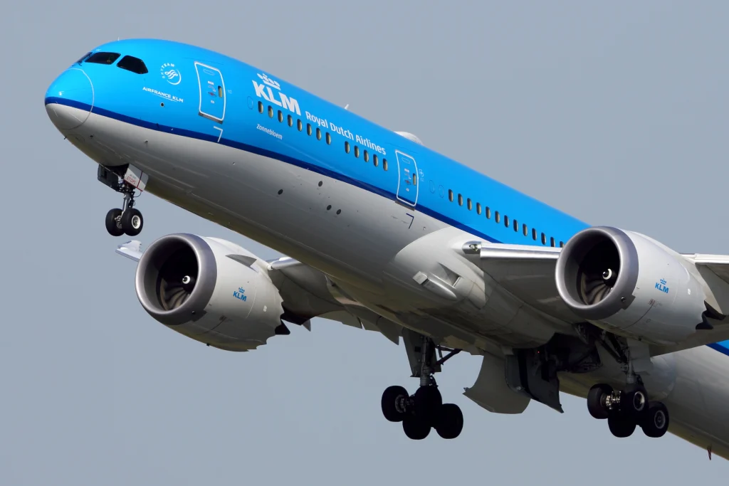 SCHIPHOL, AMSTERDAM, NETHERLANDS - APRIL 1, 2016: Boeing 787-900 PH-BHC of KLM Royal Dutch Airlines taking off at Schiphol international airport.