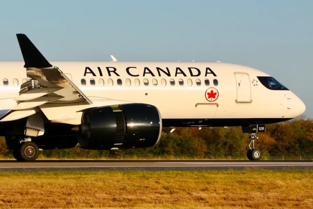 Irving, Texas – October 24 2024: An Airbus A220-300 of Air Canada arriving at Dallas Fort Worth International Airport.