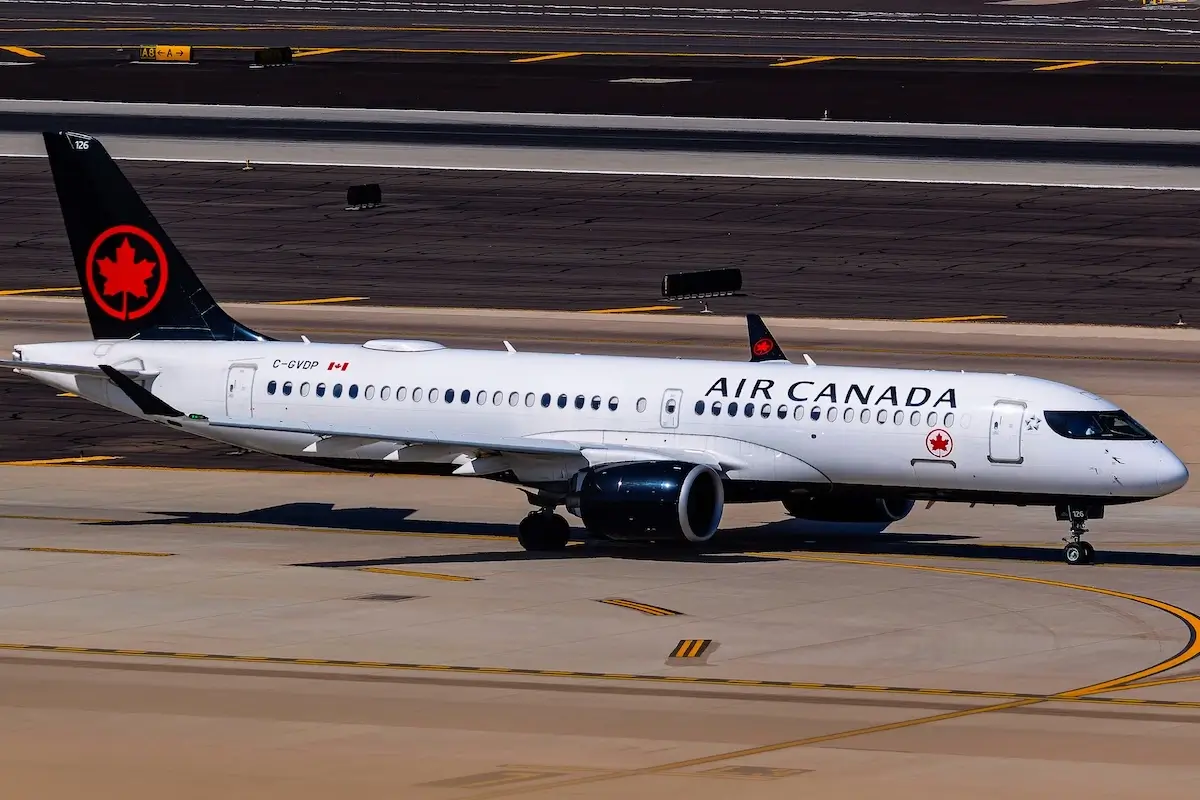 Sky Harbor Intl. Airport 3-8-2025 Phoenix AZ, USA Air Canada Airbus A220-300 C-GVDP arrival into Phoenix the day after a late winter cold front that dusted the surrounding mountains with snow