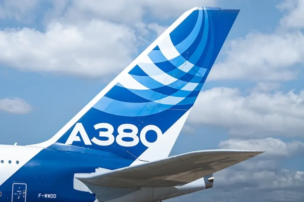 07 05 2022: Airbus A380 in Airbus factory livery displayed in the Air and Space Museum in Paris.