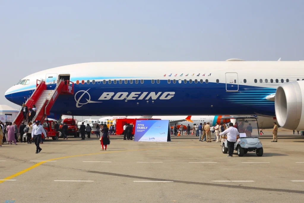 India: On 18th January, 2024. Boeing 777-9 aircraft at Wings India.