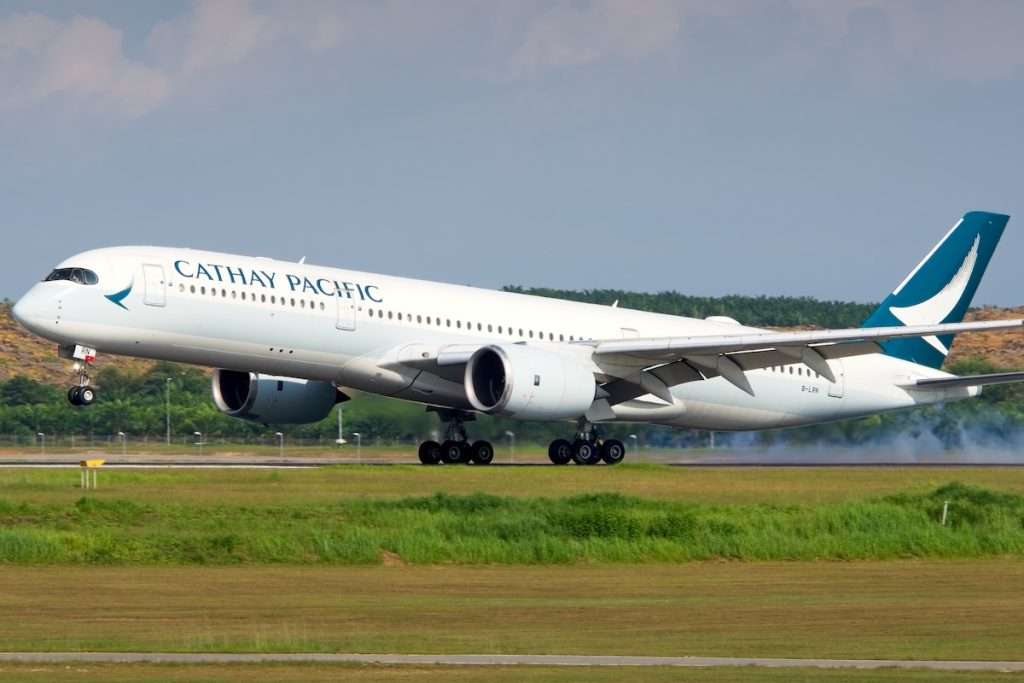 Cathay Pacific A350-900 (B-LRN) touching down at KUL Kuala Lumpur International Airport arriving from HKG Hong Kong International Airport on November 20, 2021.