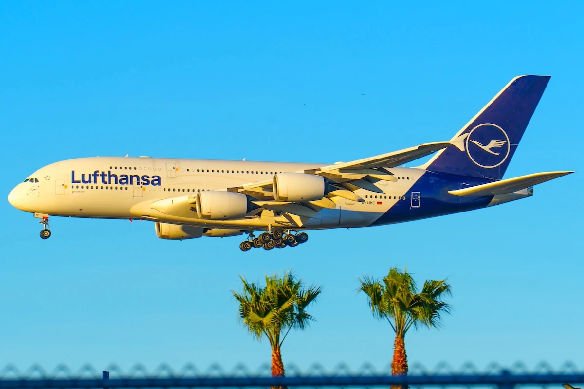 Lufthansa's iconic A380 wide-body aircraft makes its final approach to LAX in sunny Los Angeles, California