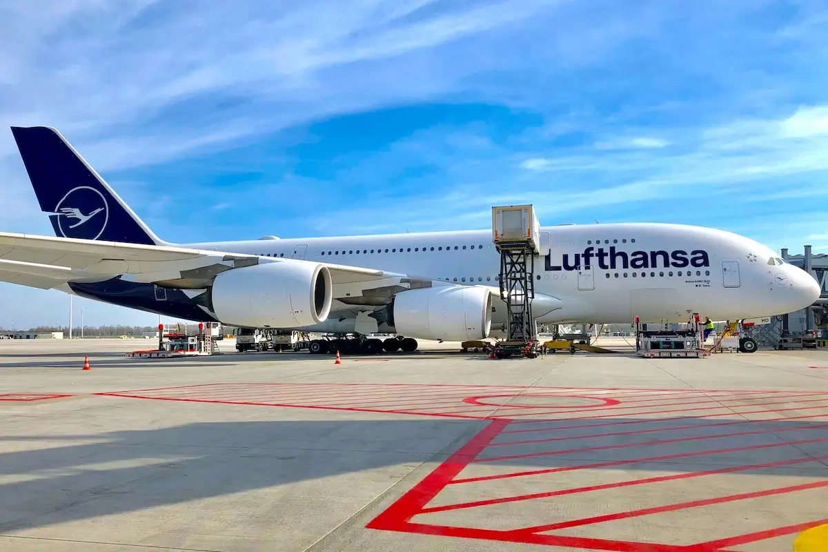 Lufthansa Airbus A380 in new livery parked at satellite terminal of Munich Airport