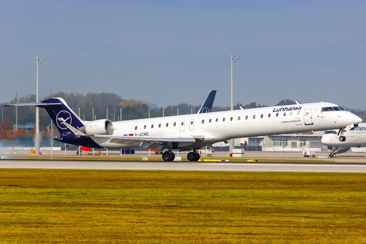 Lufthansa CityLine Bombardier CRJ-900 airplane at Munich Airport (MUC) in Germany.