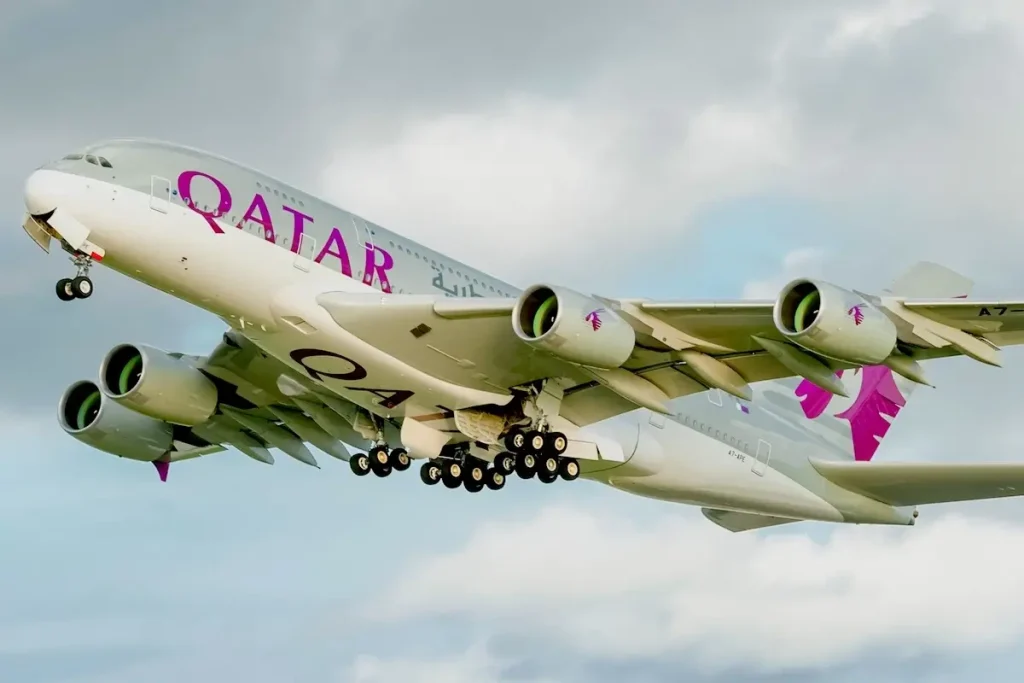HEATHROW, LONDON, UK - JANUARY 28: Qatar Airways Airbus A380 take-off catching the last rays of sunshine before rain rolls in over Heathrow Airport, London, UK on January 28, 2016