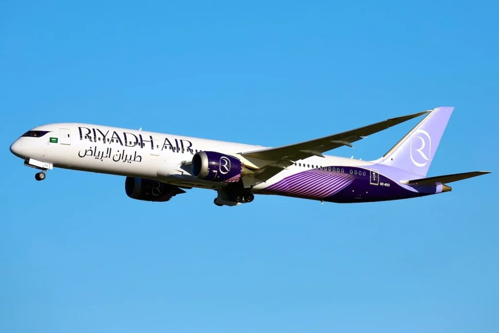A Riyadh Air Boeing 787-9 Dreamliner departs London Heathrow
