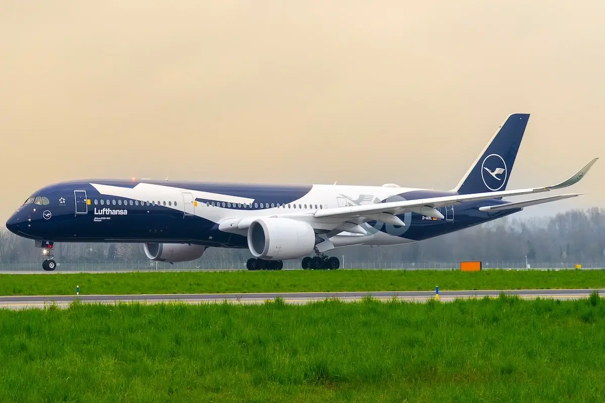Bergamo, Italy. March 11, 2026. Lufthansa Airbus A350-900 (D-AIXL) 100th Anniversary Livery takes-off at BGY Milano Bergamo international airport