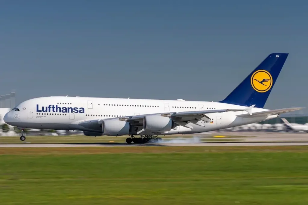 Munich, Germany - August 25. 2025 : Lufthansa Airbus A380-800 with the aircraft registration D-AIMN during landing on the southern runway 26L of the Munich Airport MUC EDDM