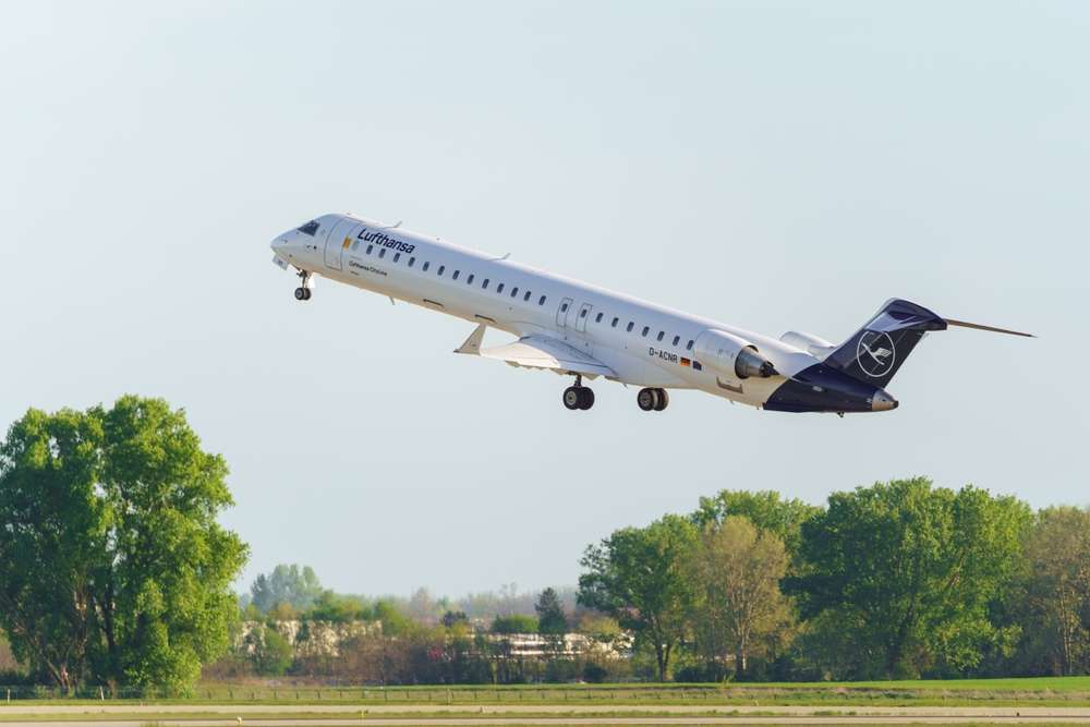 The Lufthansa D-ACNR Mitsubishi CRJ-900LR is taking off from Budapest Airport