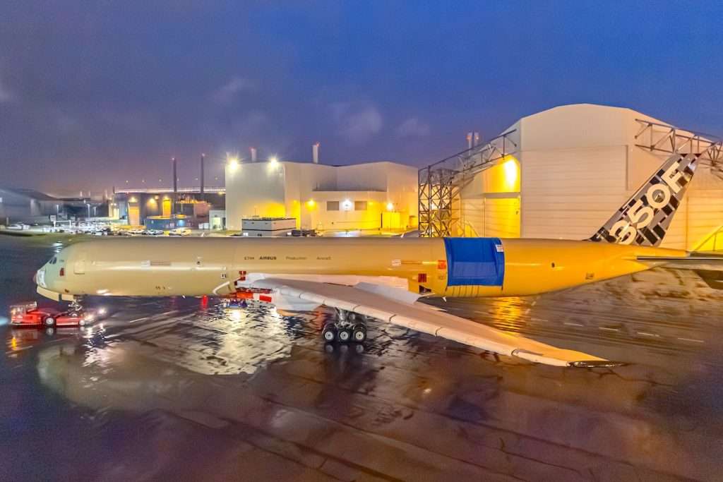 The Airbus A350F during its first rollout after being in final assembly