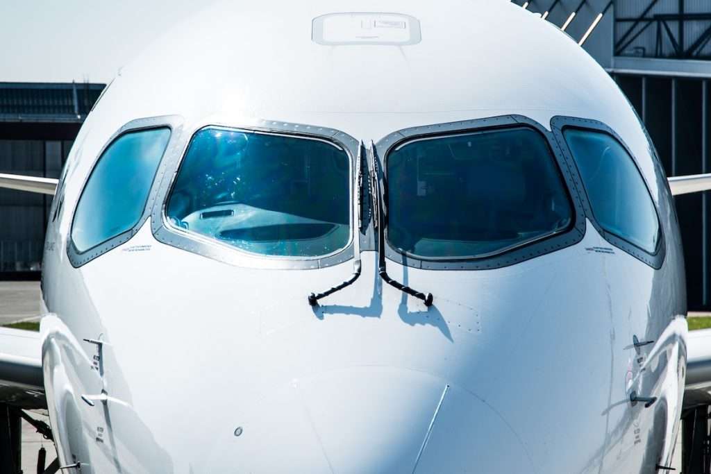 Close up of the nose and cockpit of an Airbus A220