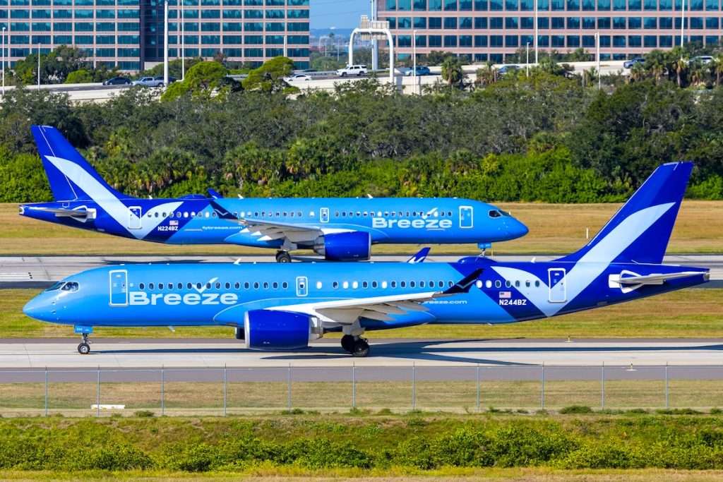 Tampa, United States - November 7, 2025: Breeze Airways Airbus A220-300 airplanes at Tampa airport in the United States.