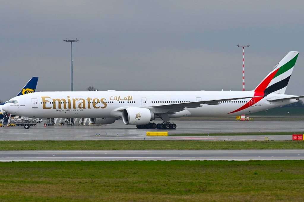 Emirates Boeing 777-31H(ER) (reg. A6-EGJ) taxiing after landing at Prague Airport, Prague, Czechia. - 29 March 2026