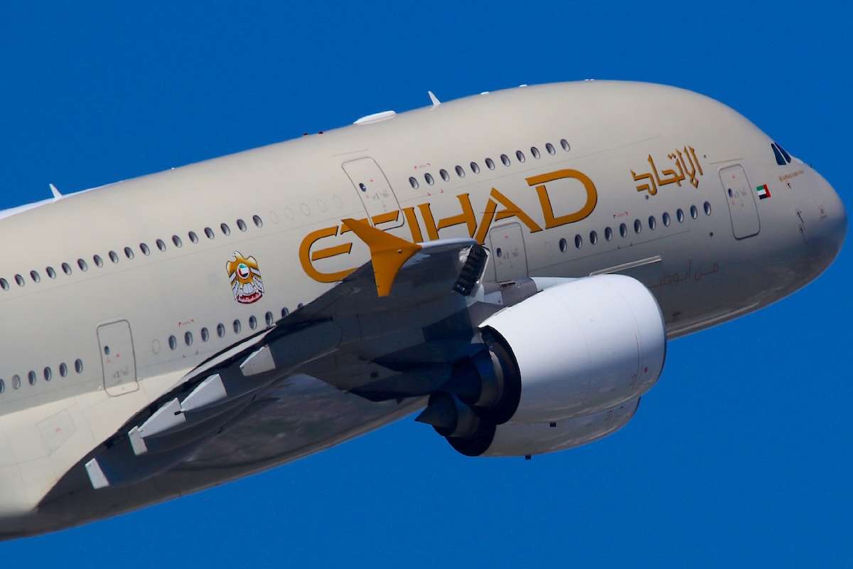An Etihad Airways Airbus A380 departing London Heathrow
